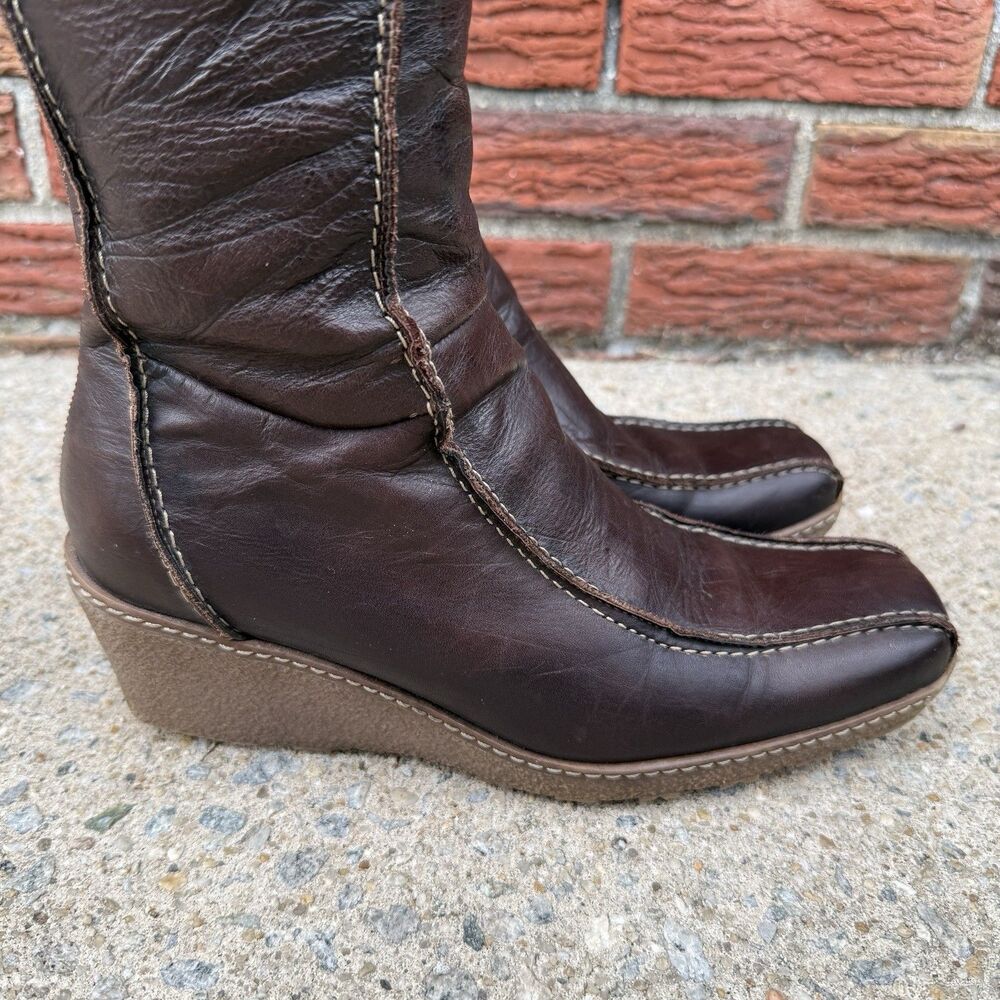 Vintage Brown Leather Wedge Boots Womens IT 39 US 8.5 Knee High Square Toe Y2K - Picture 6 of 15